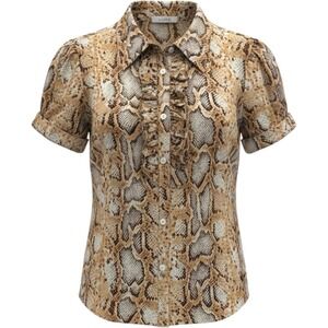 Cache Luxe 100% Silk Blouse 10 Brown Snakeskin Ruffle Short Sleeve Top